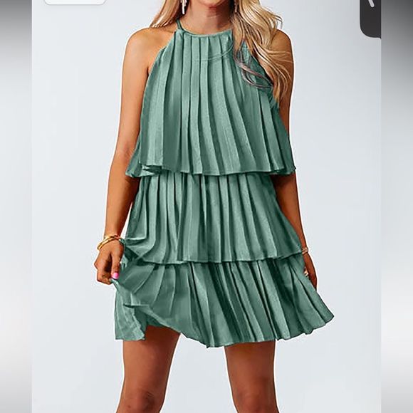 Summer DressesWomen Halter Mini Dress Ruffle Tiered Swing Pleated Party Cocktail - Picture 2 of 5